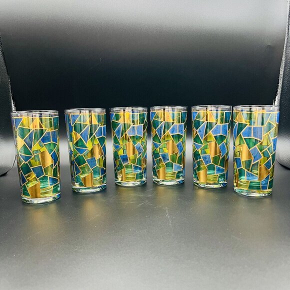 Vtg MCM West Virginia Glass Cocktail Set 22K Gold Mosaic 7 pc 50 oz Pitcher - Picture 2 of 16